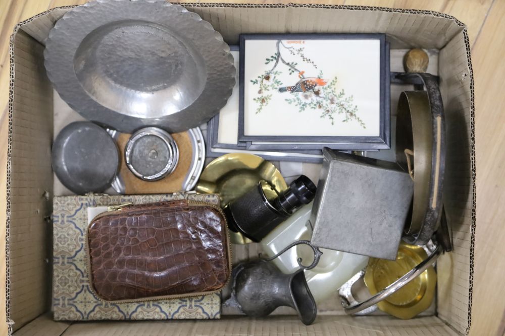 A quantity of mixed collectables to include three pieces of pewter marked JHG, an Audax monocular, Chinese pieces etc